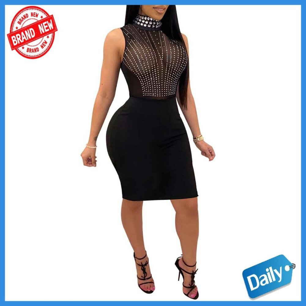 Stretchy Rhinestone Mesh Bodycon Party Dress Sizes S-XXL